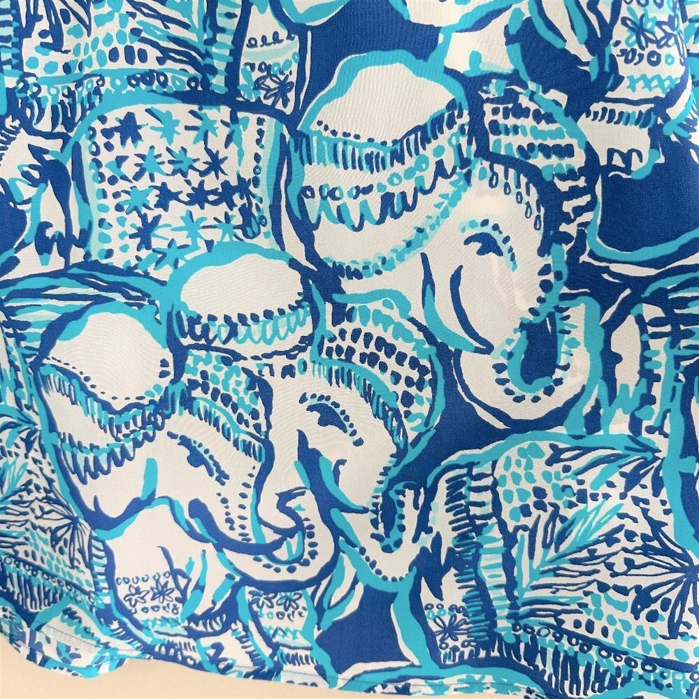 Lilly Pulitzer Elsa Keep on Trunkin Silk Top, S, Blue White Elephant Print - Picture 9 of 12